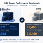 SQL Server performance benchmark showing BlackBox 127,271 NOPM versus AWS 93,465 NOPM - 36% more throughput