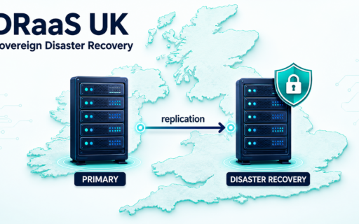 Diagram showing UK sovereign DRaaS replication from primary server to disaster recovery environment within UK borders