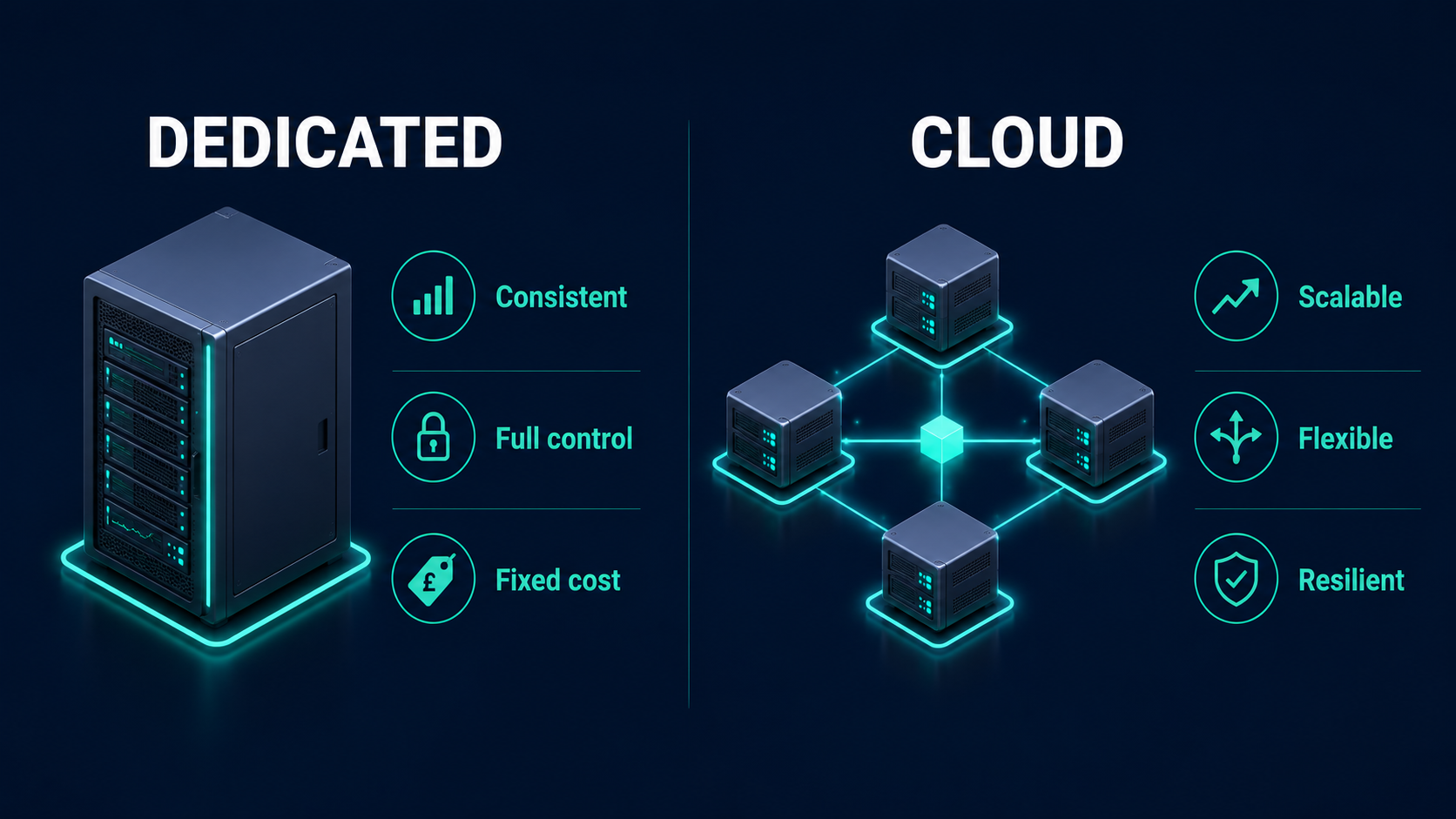 Dedicated versus cloud hosting compared on performance, control, cost and scalability