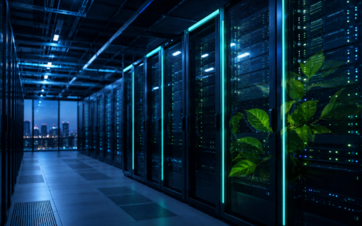 Carbon neutral cloud hosting UK data centre with server racks and low-energy teal lighting