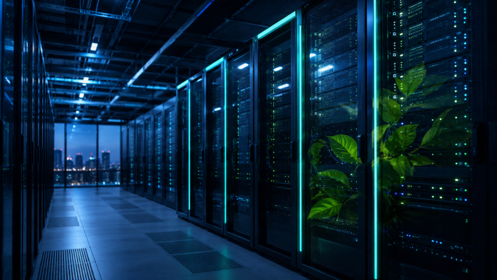 Carbon neutral cloud hosting UK data centre with server racks and low-energy teal lighting