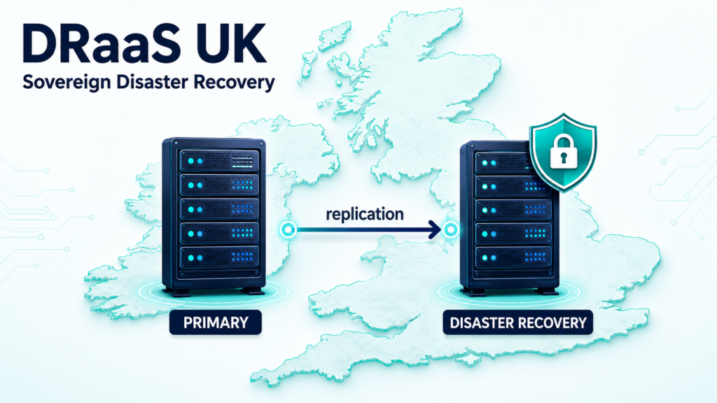 Diagram showing UK sovereign DRaaS replication from primary server to disaster recovery environment within UK borders