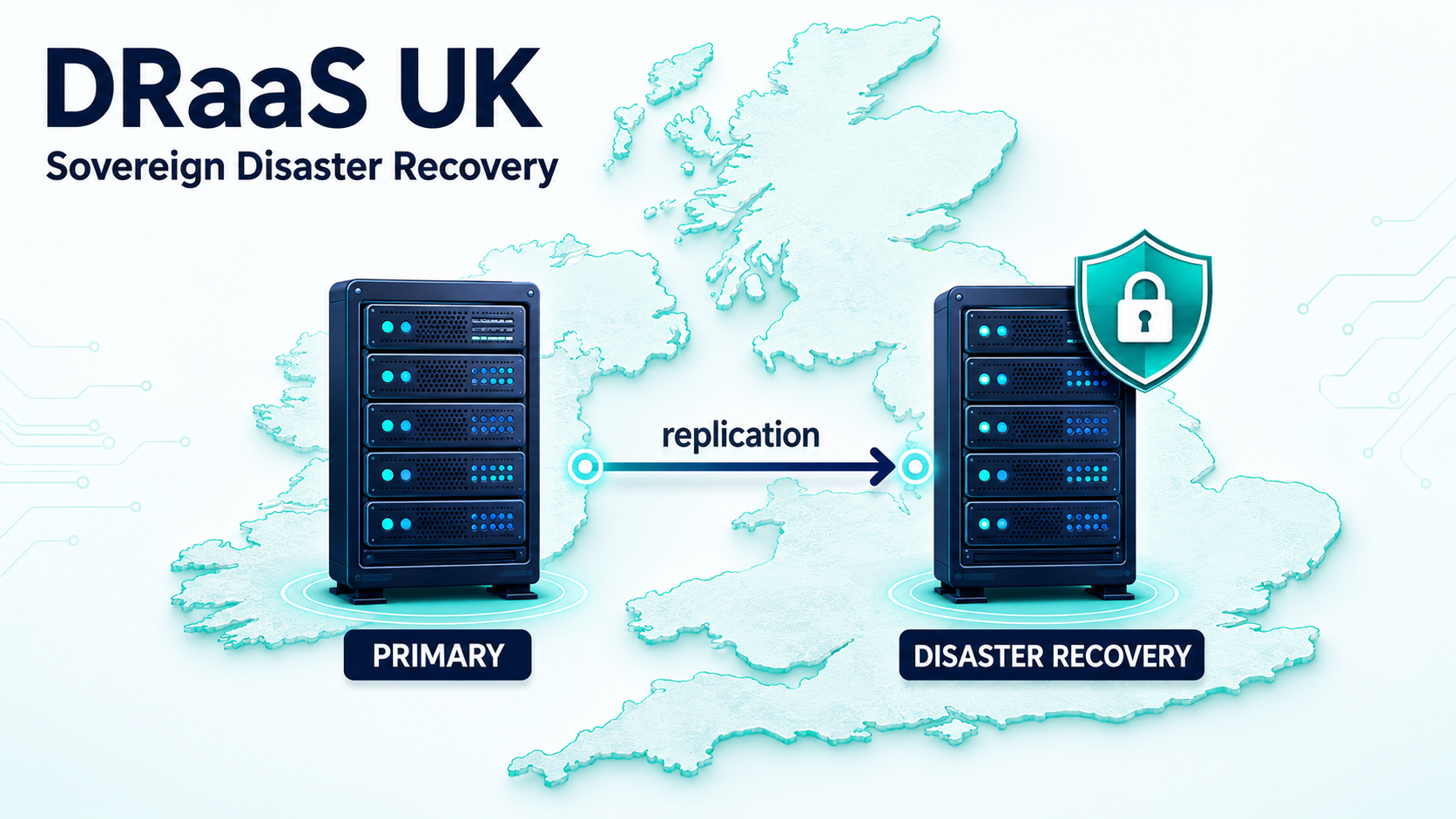 Diagram showing UK sovereign DRaaS replication from primary server to disaster recovery environment within UK borders