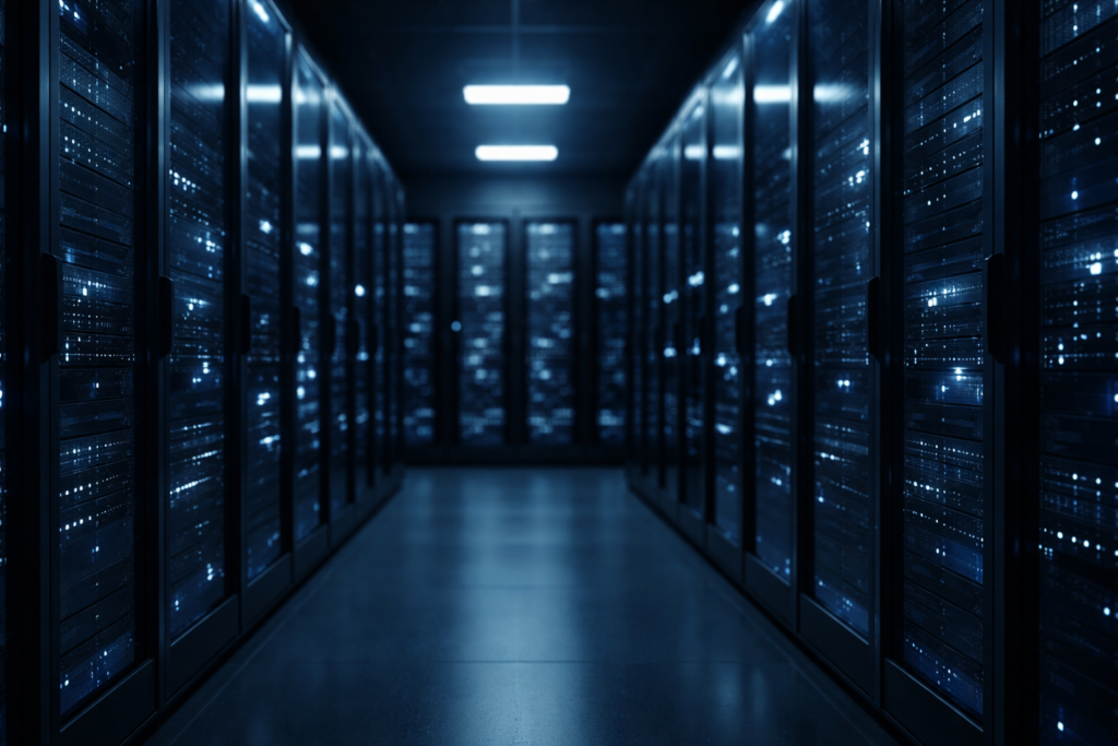 Blue-lit server racks in a secure data centre