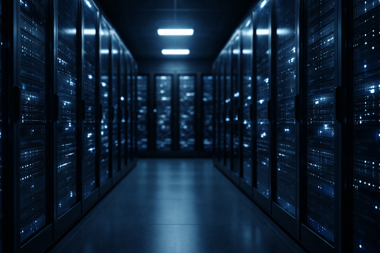 Blue-lit server racks in a secure data centre