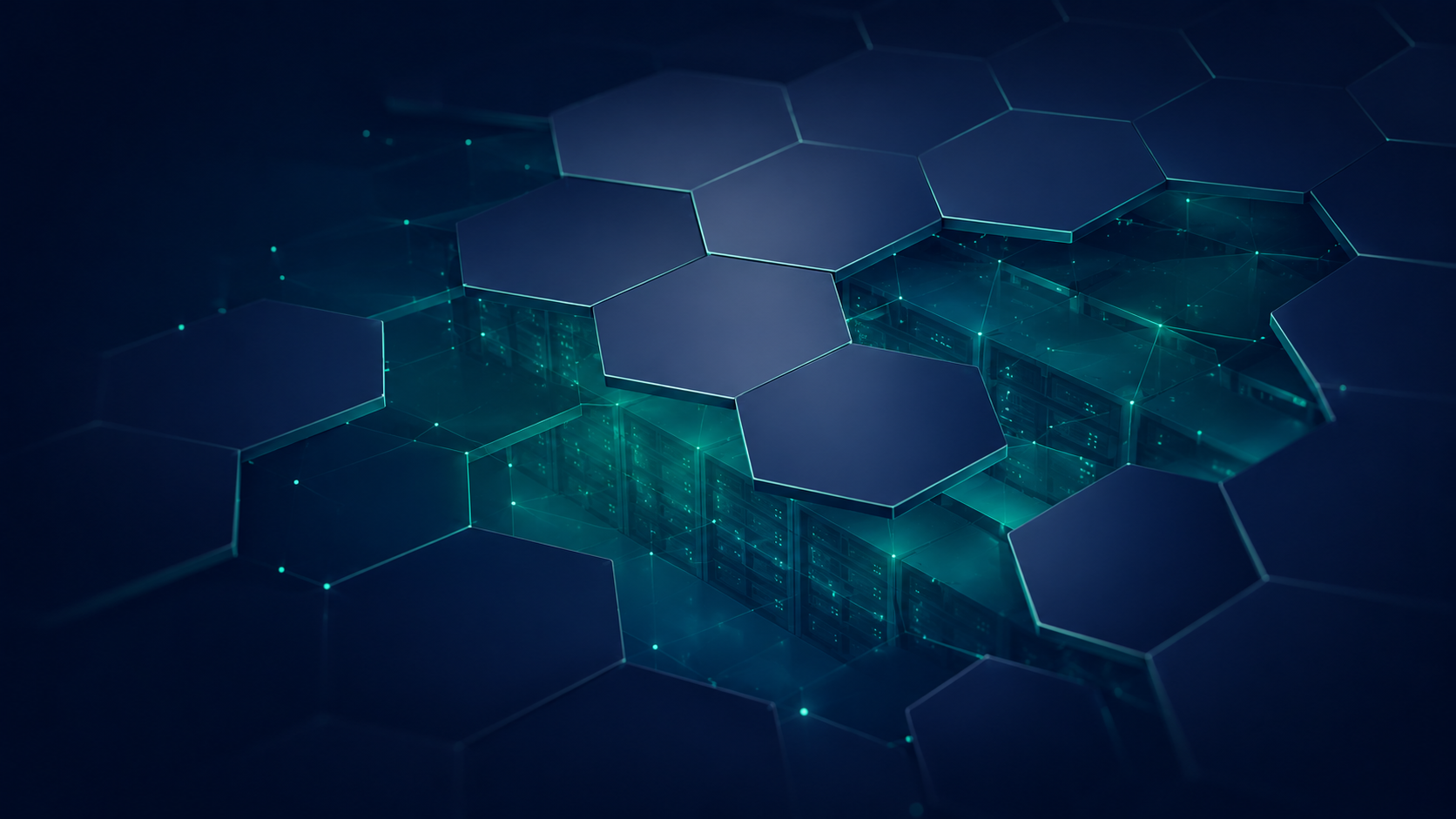 Interlocking hexagonal panels forming a protective layer over a server rack, representing layered cloud security controls