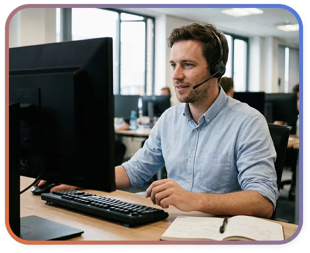Support engineer working at a computer with a headset