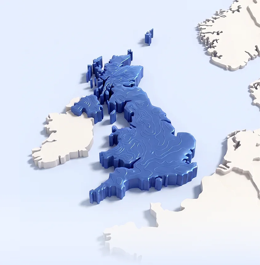 3D map of the United Kingdom highlighted in blue