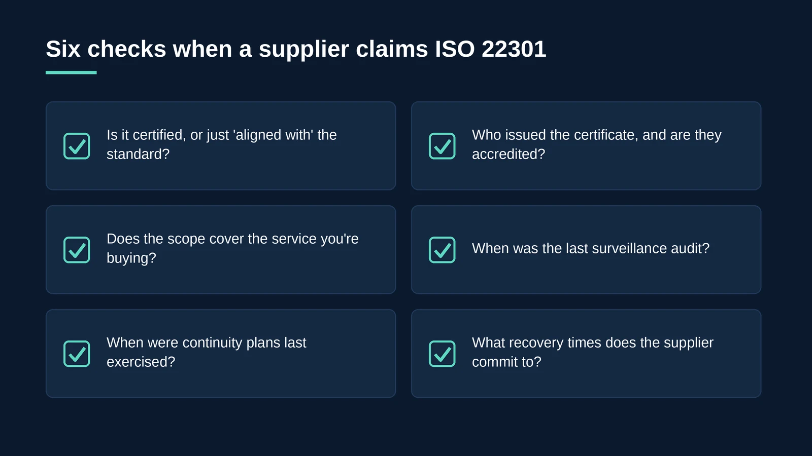 Six checks to make when a cloud or hosting supplier claims ISO 22301 certification
